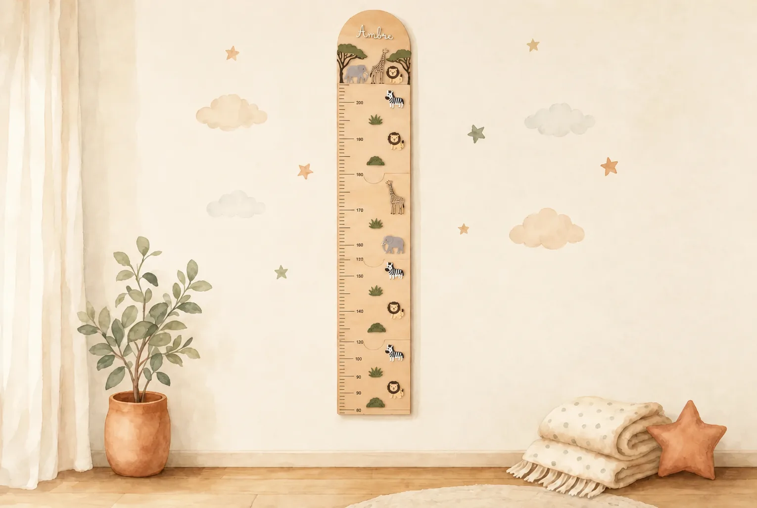Illustration aquarelle d'une chambre d'enfant : une toise de croissance en bois personnalisée sur le thème safari, fixée au mur