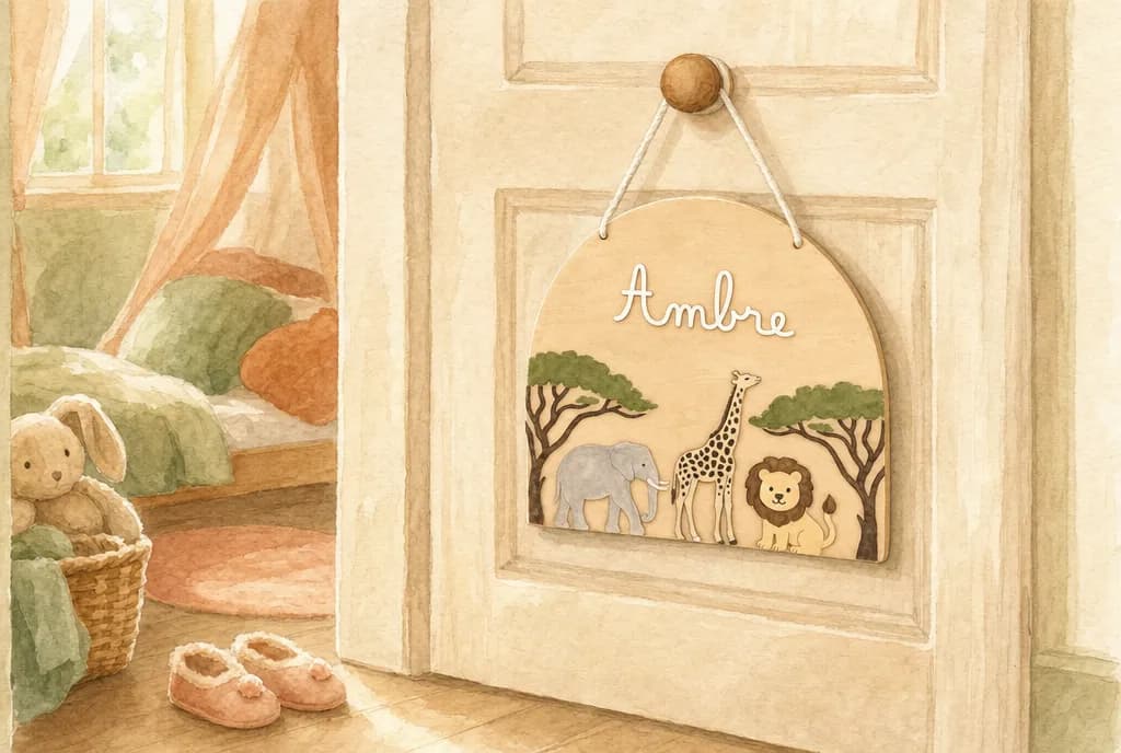 Illustration aquarelle : une plaque prénom en bois sur le thème safari accrochée à la porte d'une chambre d'enfant par une cordelette blanche