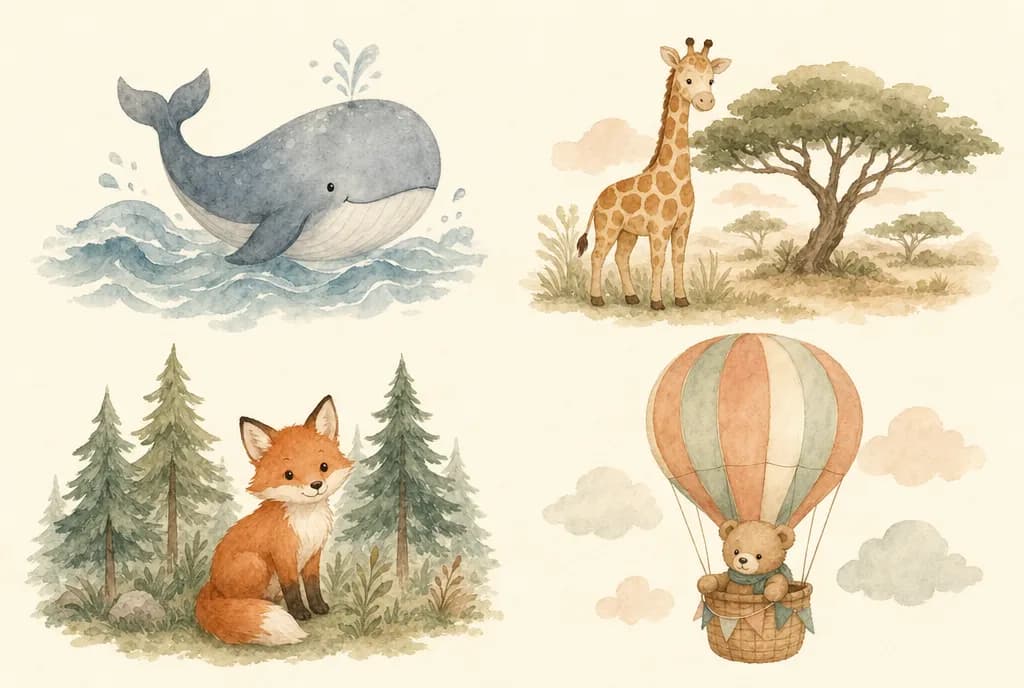 Illustrations aquarelle des quatre univers : une baleine pour l'océan, une girafe pour le safari, un renard pour la forêt, une montgolfière et un ourson pour le ciel