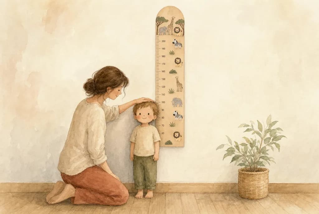 Illustration aquarelle : une mère mesure la taille de son jeune enfant contre le mur, à côté d'une toise de croissance en bois personnalisée sur le thème safari